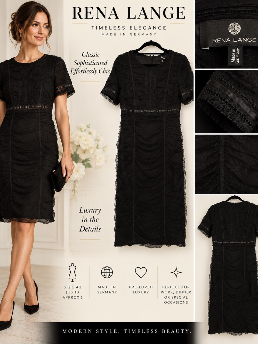 Rena Lange Black Ruched Mesh Midi Dress • Made in Germany • Size 42